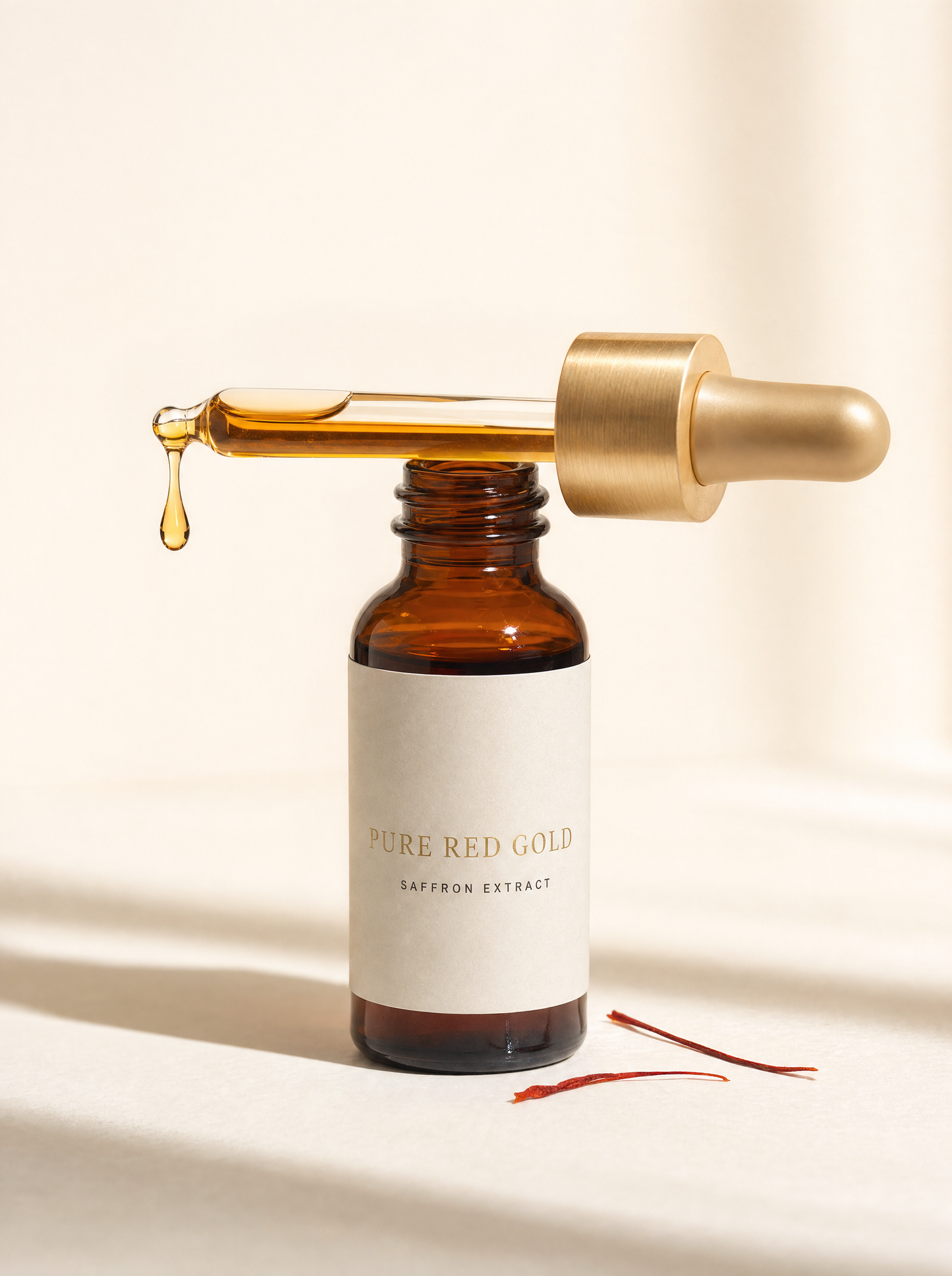15 ml amber vial of Pure Red Gold saffron extract with brushed gold dropper cap, on warm ivory