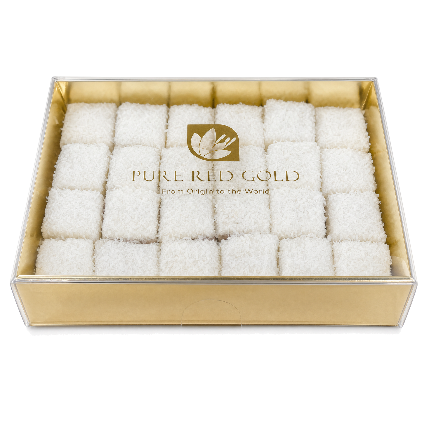 Gold gift box with a clear lid holding coconut-coated Signature Coconut delights, the PURE RED GOLD lockup printed in gold on the lid, on white