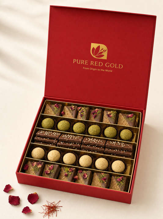 The Pure Red Gold Mixed Sweets gift box, open — a crimson box with the gold foil emblem and PURE RED GOLD on the inside lid, five compartments holding five different sweets: chocolate-dipped wedges with pistachio and rose, pistachio truffles, sesame chocolate bars and cream cookies, on warm ivory