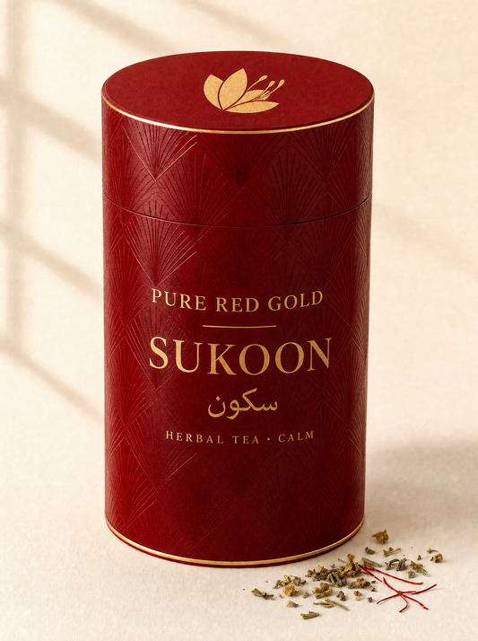 Sukoon herbal tea — a crimson cylinder tube with a tone-on-tone diamond and fan pattern, gold foil rims, the saffron crocus on the lid and SUKOON with its Arabic name in gold foil, on warm ivory