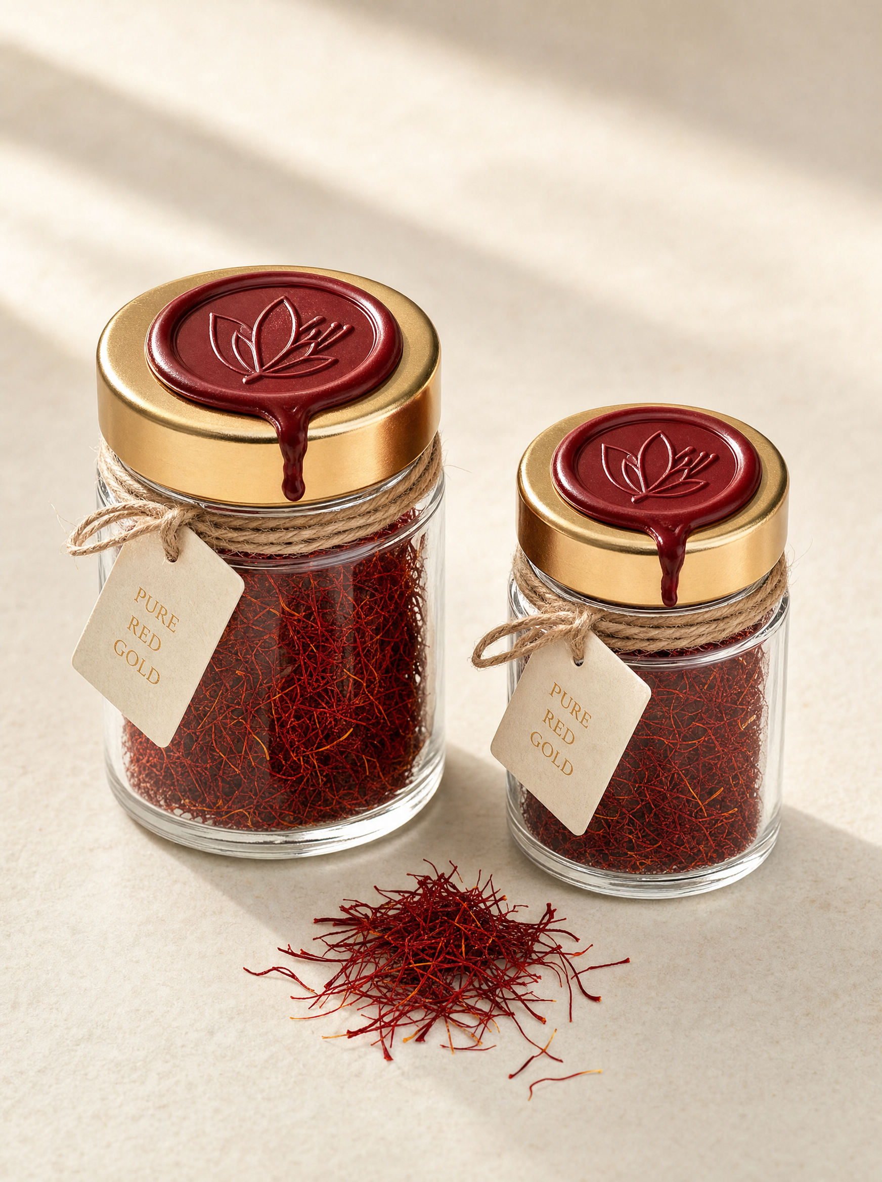 Two wax-sealed glass jars of Super Negin saffron threads (5 g and 3 g) with gold lids, crimson wax seals and jute twine, on warm ivory