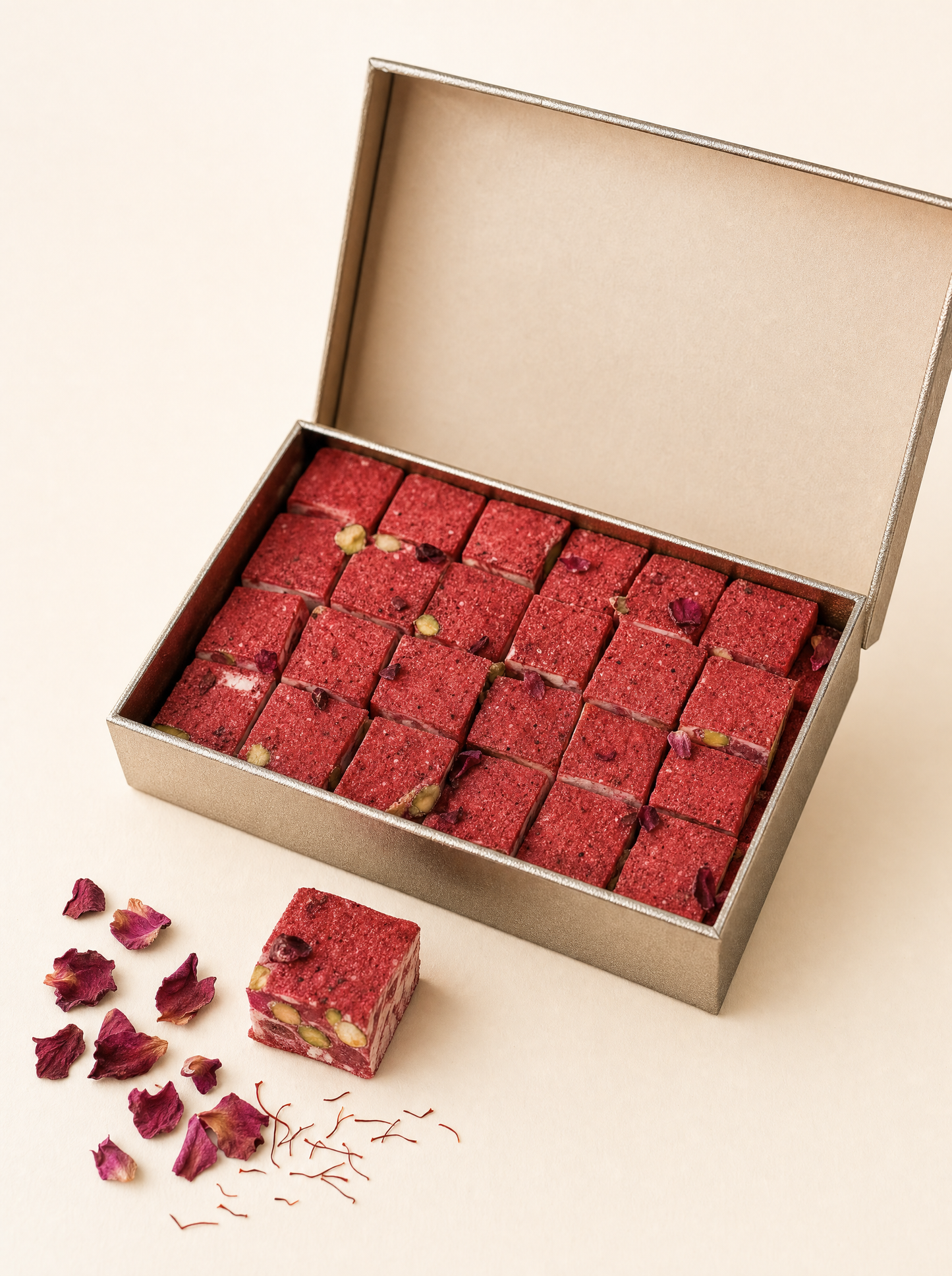 Open gift box of rose-red saffron and pistachio delights with dried rose petals, on warm ivory