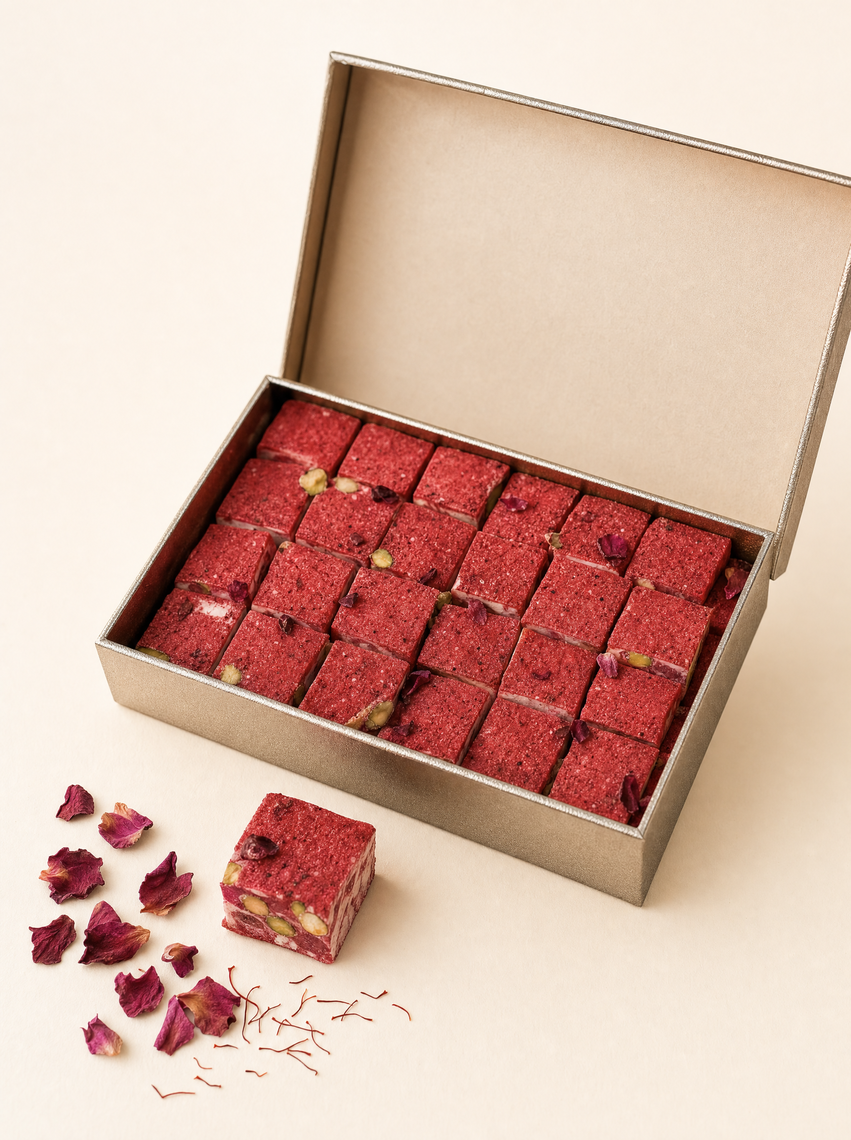 Open gift box of rose-red saffron and pistachio delights with dried rose petals, on warm ivory