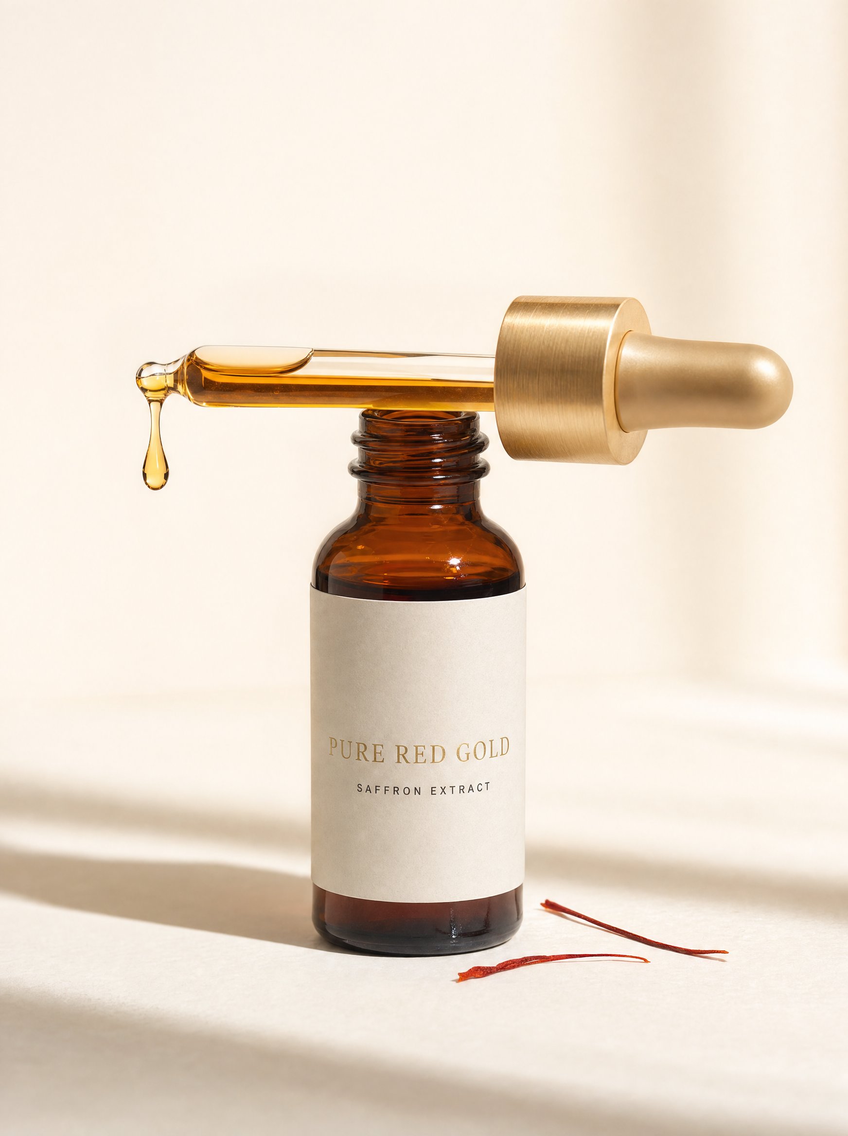 15 ml amber vial of Pure Red Gold saffron extract with brushed gold dropper cap, on warm ivory