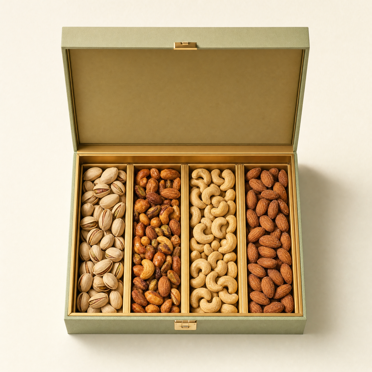 Top-down view of the five-row gold tray of salted pistachios and roasted nuts, on warm ivory