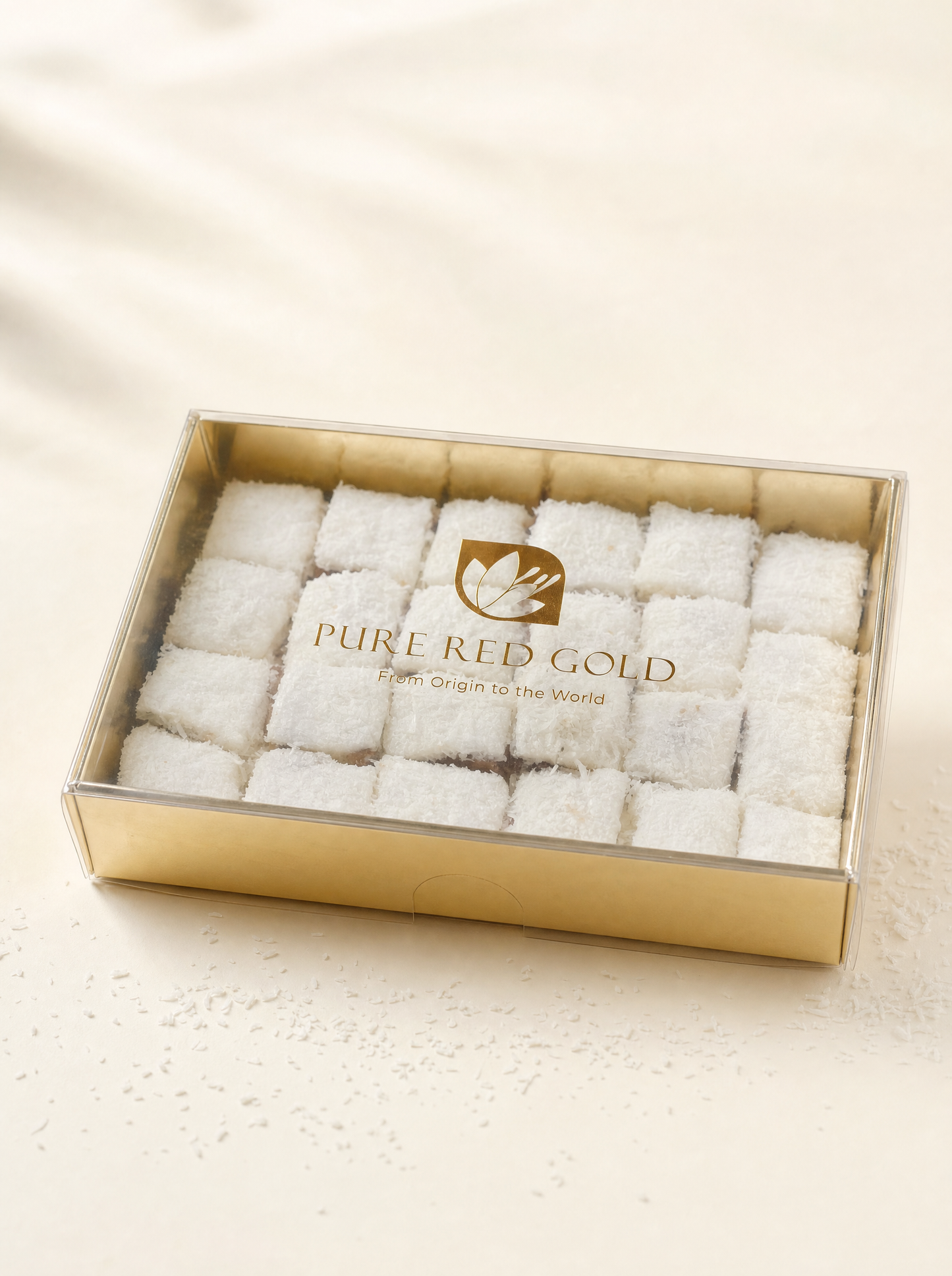 Gold gift box with a clear lid holding coconut-coated Signature Coconut delights, the PURE RED GOLD lockup printed in gold on the lid, on warm ivory