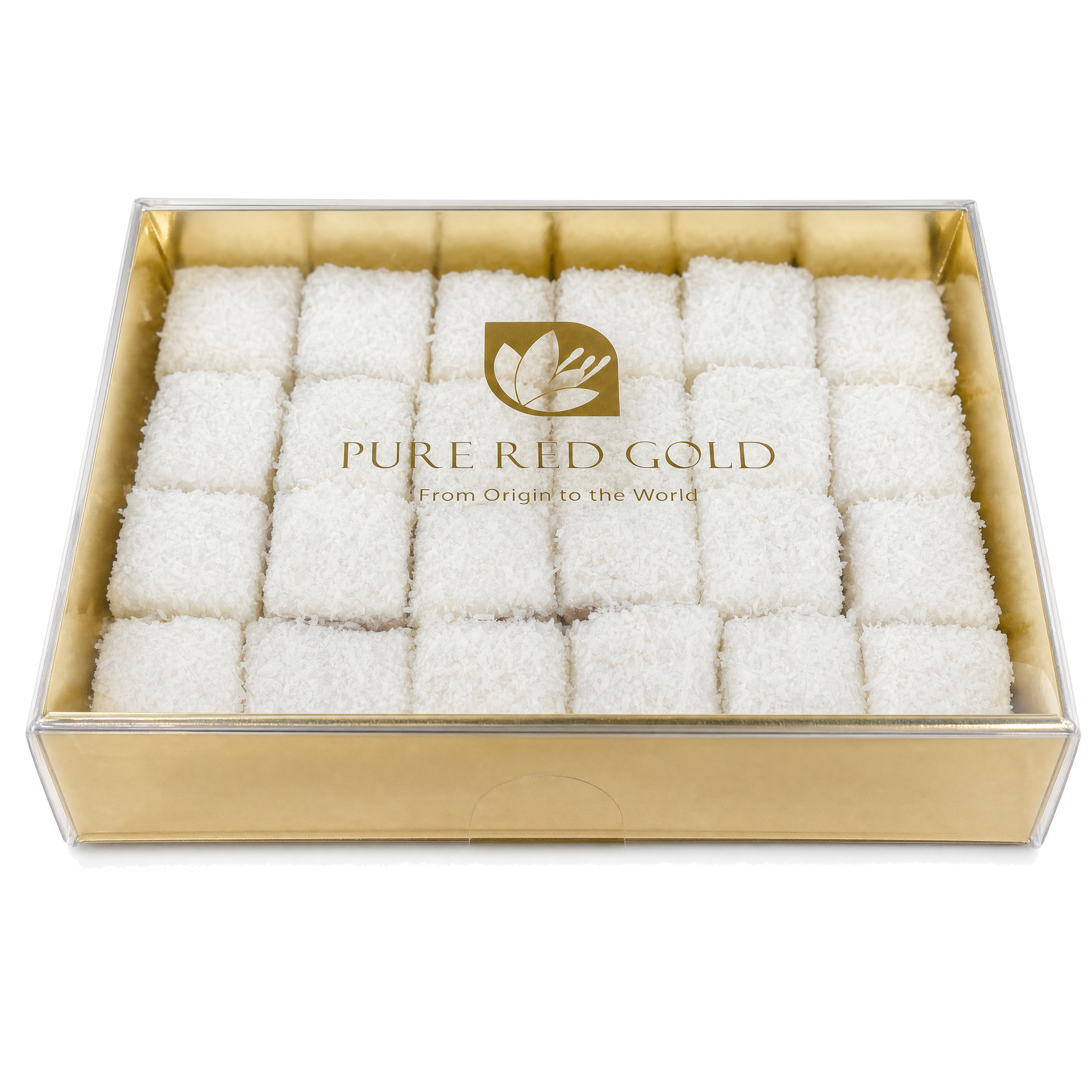 Gold gift box with a clear lid holding coconut-coated Signature Coconut delights, the PURE RED GOLD lockup printed in gold on the lid, on white