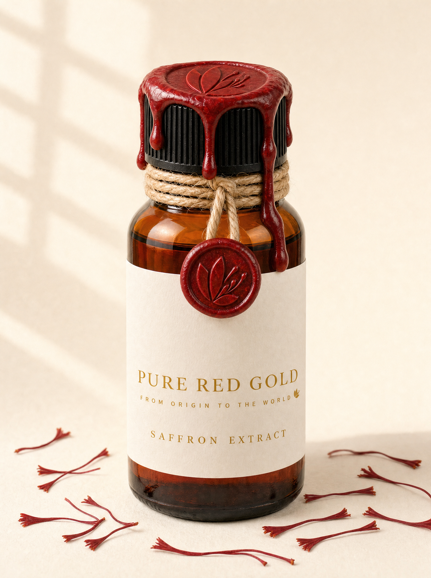 Amber glass bottle of saffron extract sealed with crimson wax over a black ribbed cap, jute twine with a hanging wax medallion embossed with the crocus, cream label reading PURE RED GOLD - FROM ORIGIN TO THE WORLD - SAFFRON EXTRACT, loose saffron threads at the base on warm ivory