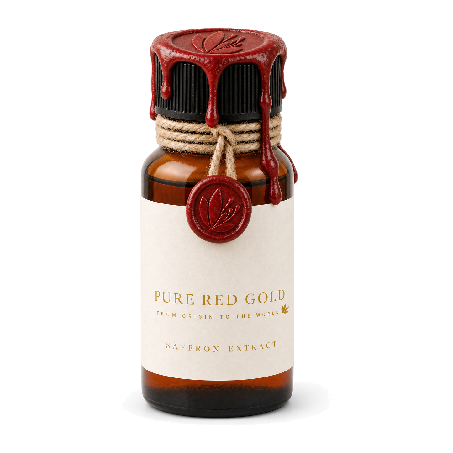 Amber glass bottle of saffron extract sealed with crimson wax over a black ribbed cap, jute twine with a hanging wax medallion embossed with the crocus, cream label reading PURE RED GOLD - FROM ORIGIN TO THE WORLD - SAFFRON EXTRACT, on white