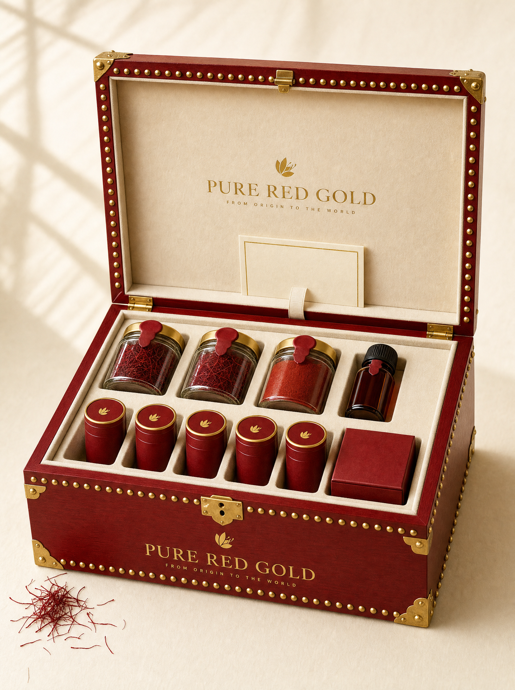 The MANDOOS chest standing open — crimson wood studded with gold domes and cornered in gold, its cream velvet tray fitted with saffron thread jars, the powder jar, the amber extract bottle, five crimson tea tubes and a box of sweets, the certificate card tucked into the lid