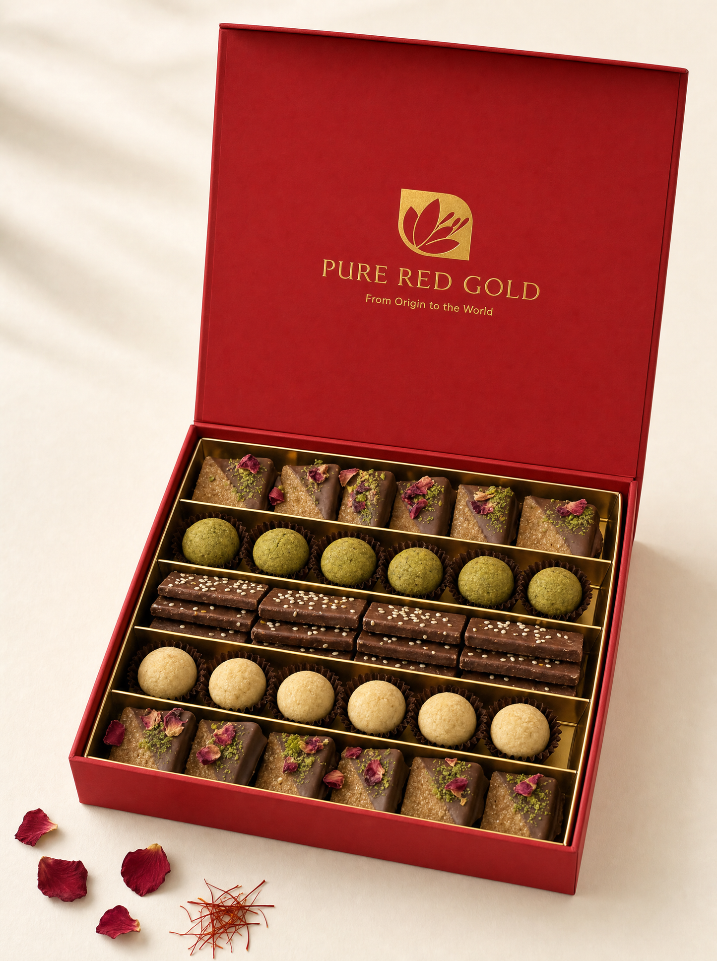 The Pure Red Gold Mixed Sweets gift box, open — a crimson box with the gold foil emblem and PURE RED GOLD on the inside lid, five compartments holding five different sweets: chocolate-dipped wedges with pistachio and rose, pistachio truffles, sesame chocolate bars and cream cookies, on warm ivory