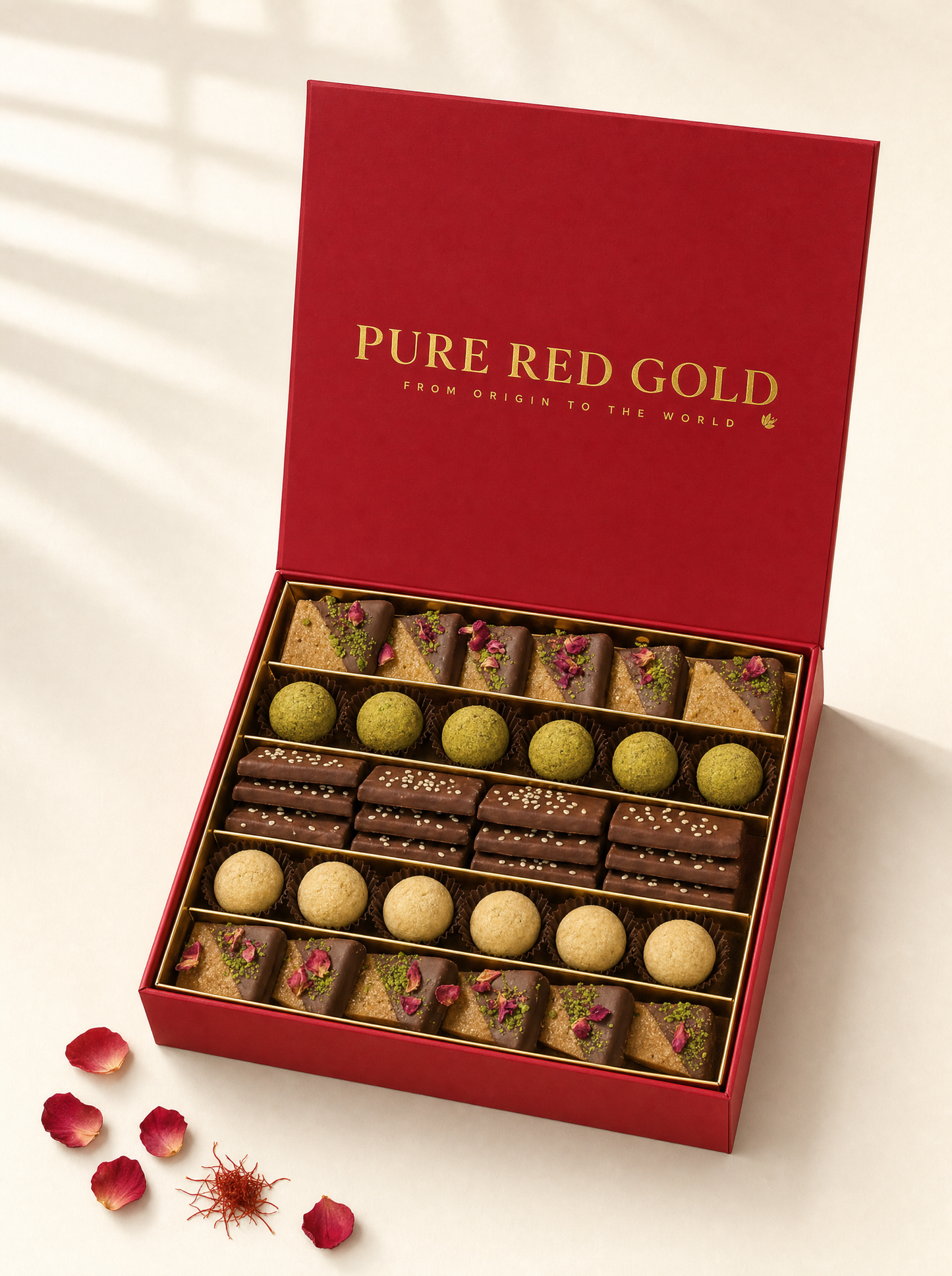 The Pure Red Gold Mixed Sweets gift box, open — a crimson box with PURE RED GOLD and its tagline in gold foil on the inside lid, five compartments holding five different sweets, on warm ivory