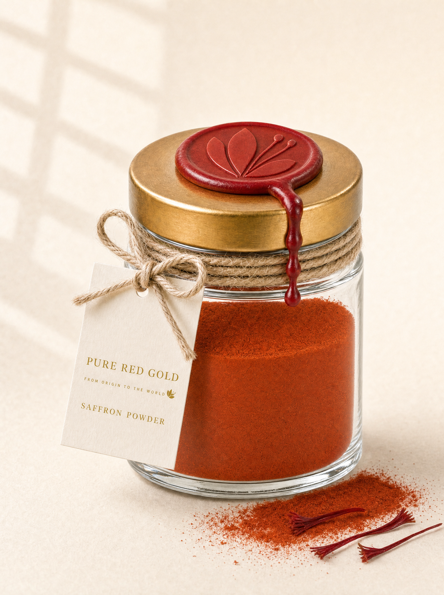 Clear glass jar of milled saffron powder with a brushed gold screw lid, crimson wax medallion embossed with the crocus, jute twine and a cream hang tag reading PURE RED GOLD - FROM ORIGIN TO THE WORLD - SAFFRON POWDER, on warm ivory
