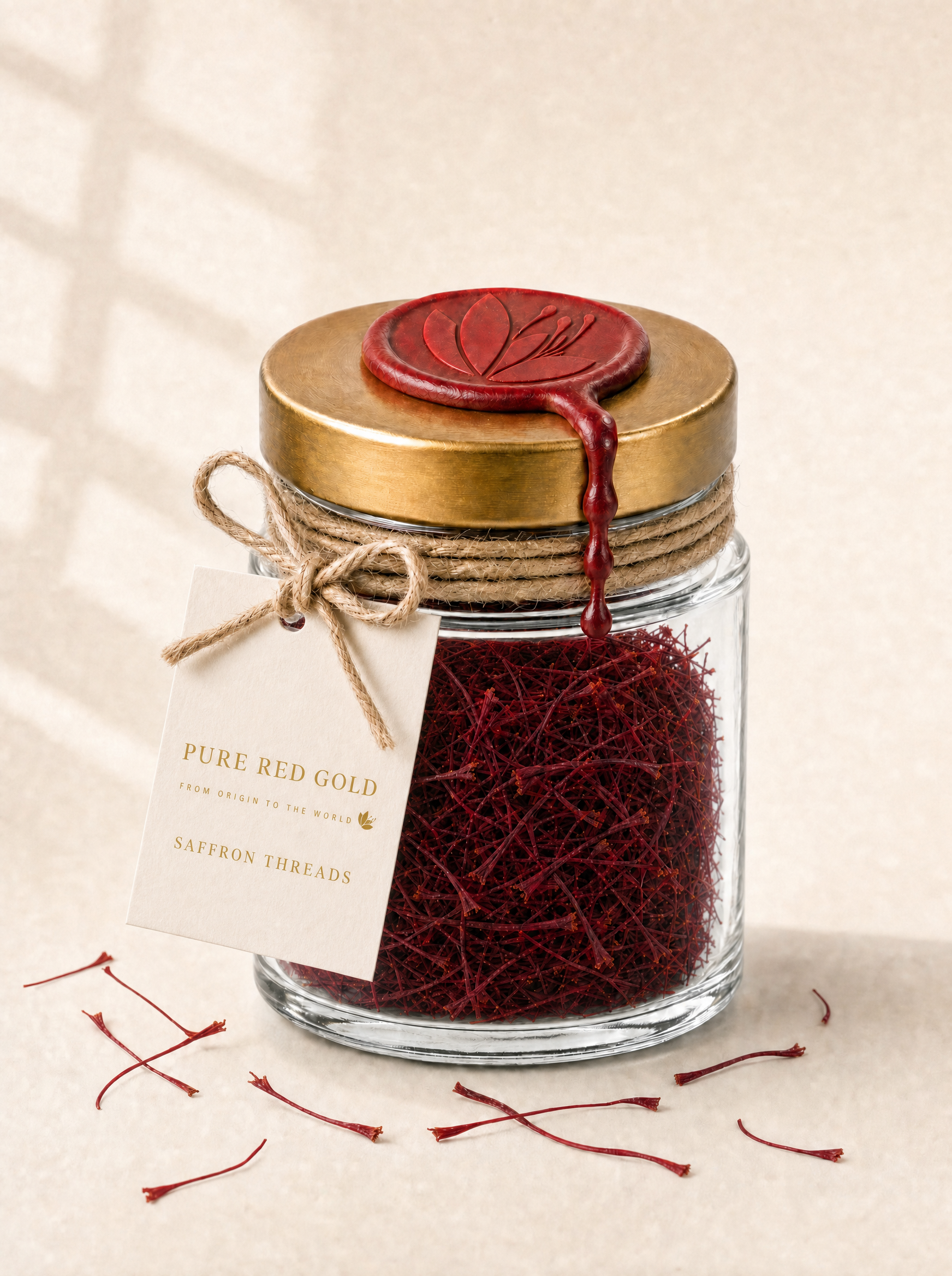 Clear glass jar of Super Negin saffron threads with a brushed gold screw lid, crimson wax medallion embossed with the crocus, jute twine and a cream hang tag reading PURE RED GOLD - FROM ORIGIN TO THE WORLD - SAFFRON THREADS, on warm ivory